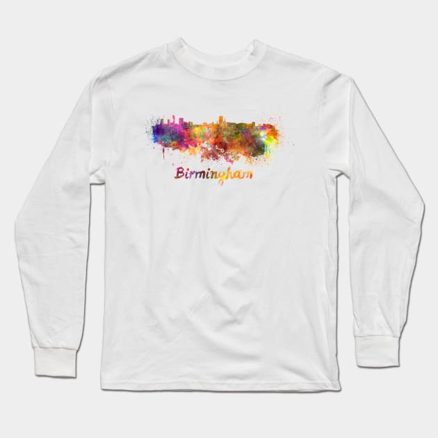 Birmingham AL skyline in watercolor Long Sleeve T-Shirt by PaulrommerArt
